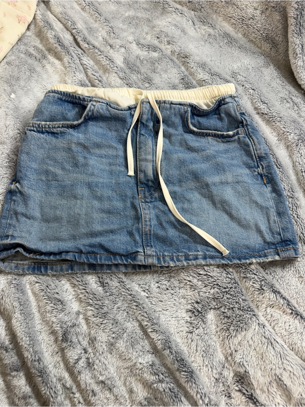 Denim Mini Skirt with Cream Drawstring Waist